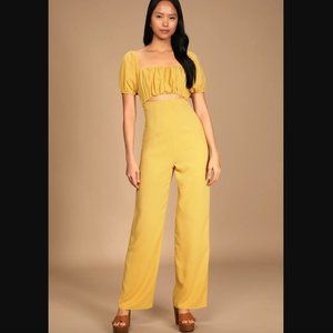 Lulu's Room for Love Light Yellow Puff Sleeve Cutout Jumpsuit Size XS